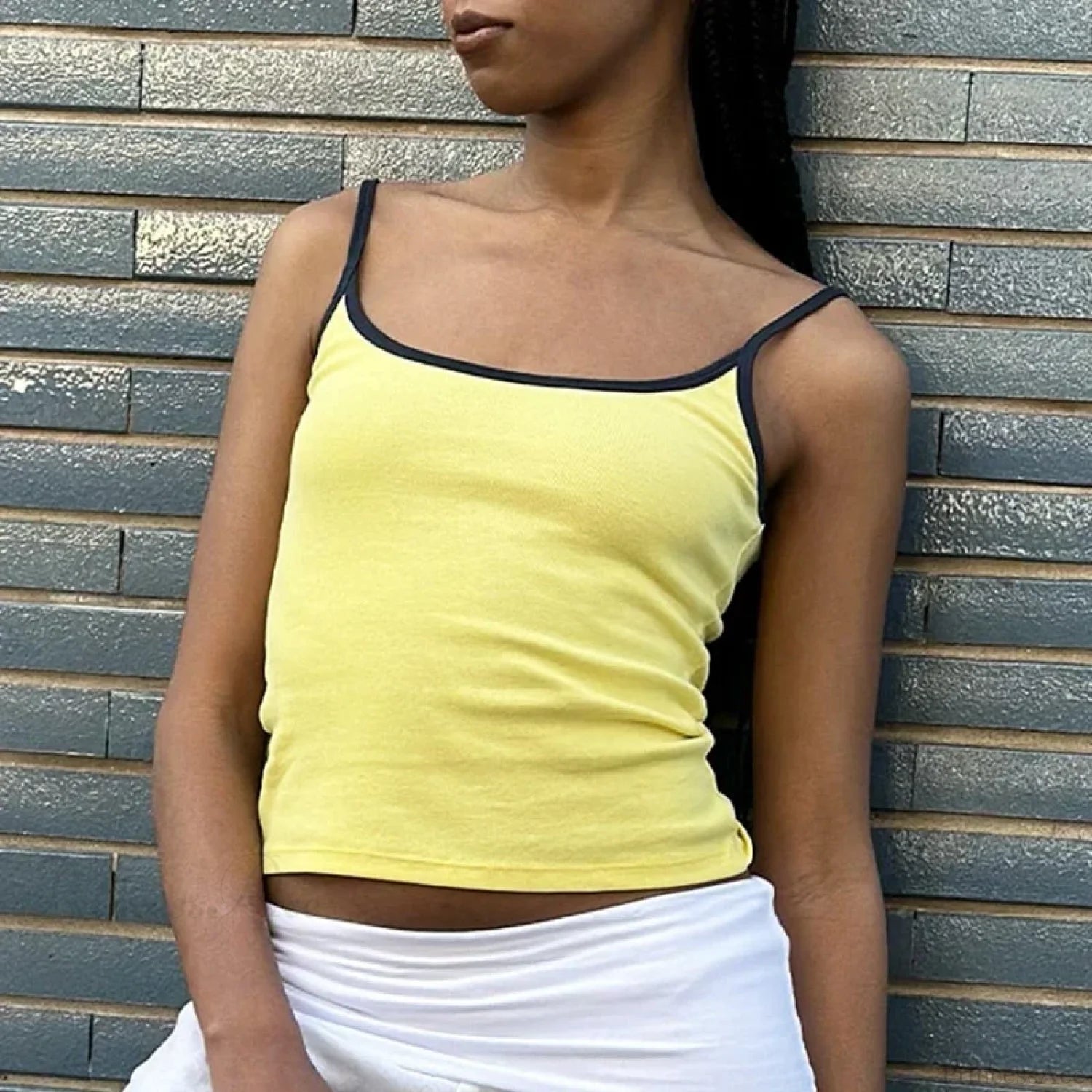 Y2K Cute Contrast Trim Spaghetti Strap Vintage Aesthetic Cottage Crop Top YELLOW / S croptop-250126