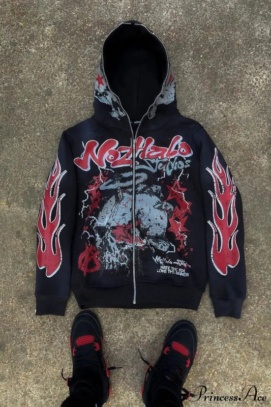 Y2K Dark Hip-Hop Cartoon Zip Hoodie Black / S