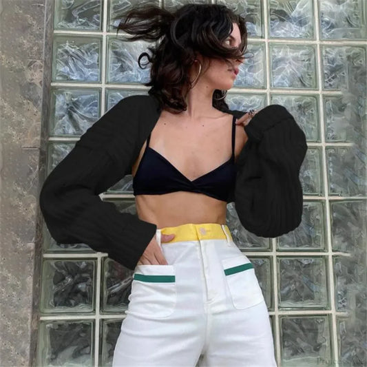 Y2K Drop Shoulder Crop Top Knit Cardigan Black / One Size