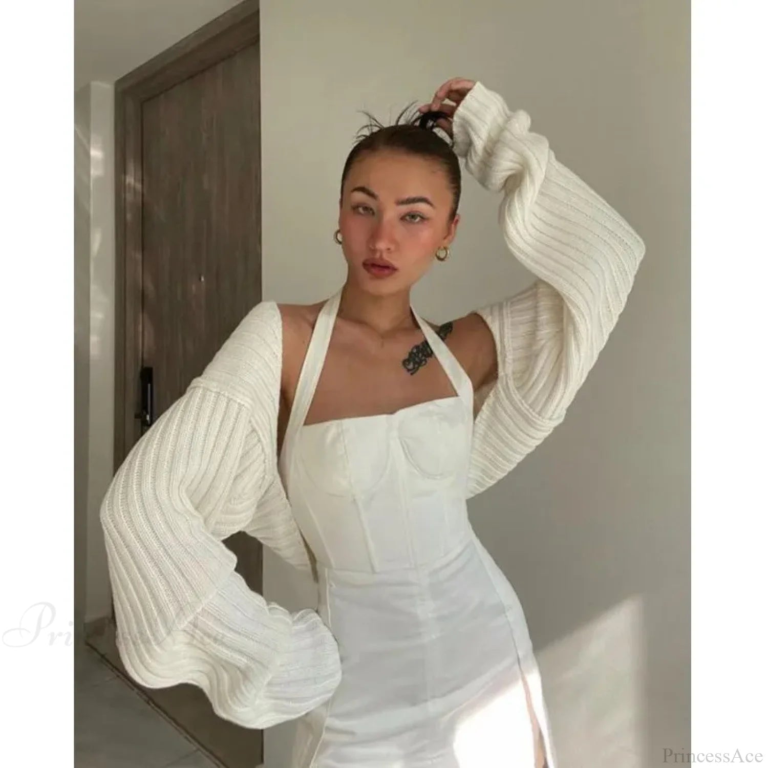 Y2K Drop Shoulder Crop Top Knit Cardigan WHITE / One Size