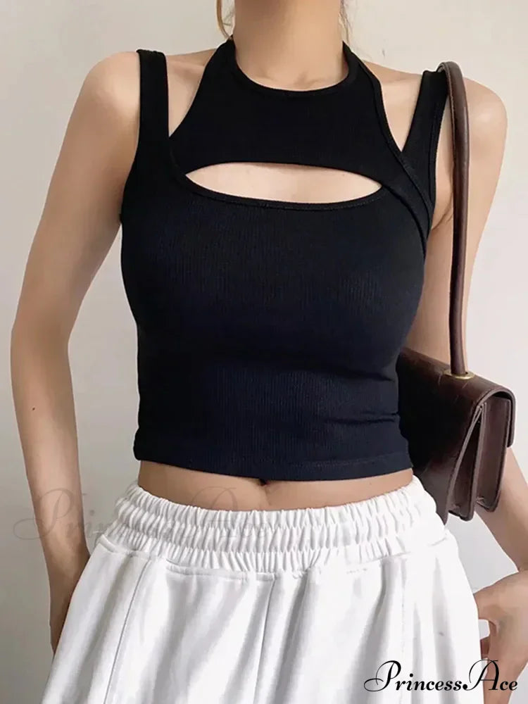 Y2K E-Girl Hollow Out Knitted Sleeveless O Neck Mini Vest Basic Casual Sporty Summer Tank Top Black