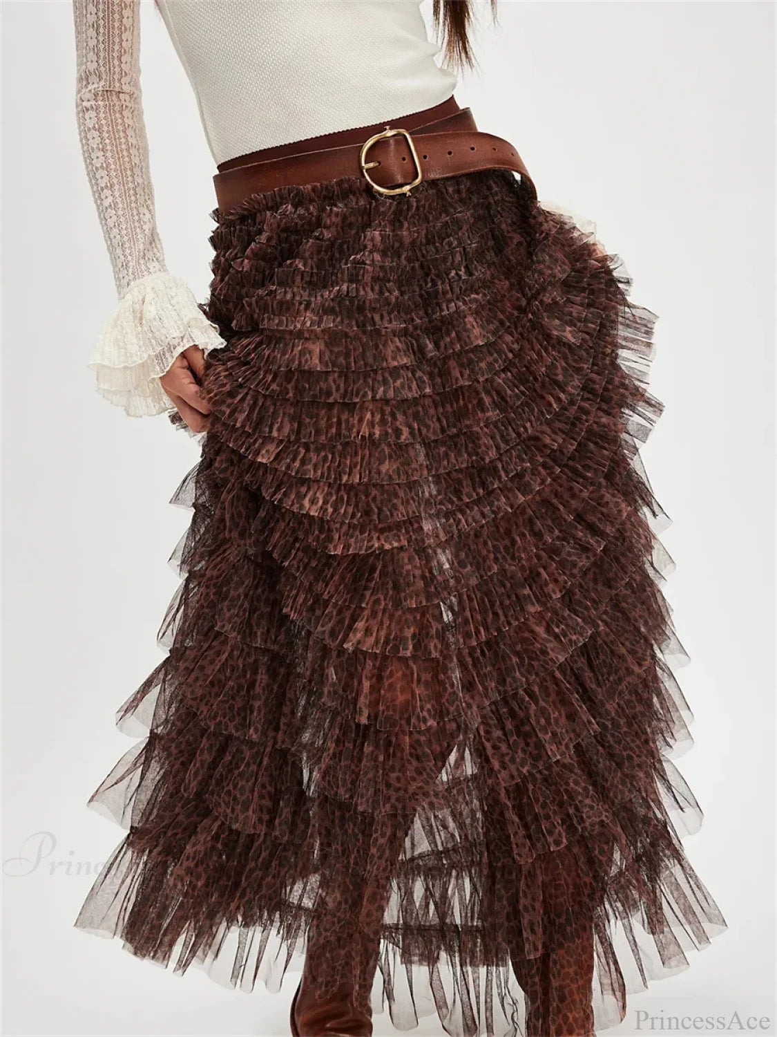 Y2K Fairycore Ruffle Maxi Slip Skirt Elastic Lace Tulle Tutu Dark Brown / S skirt-250126