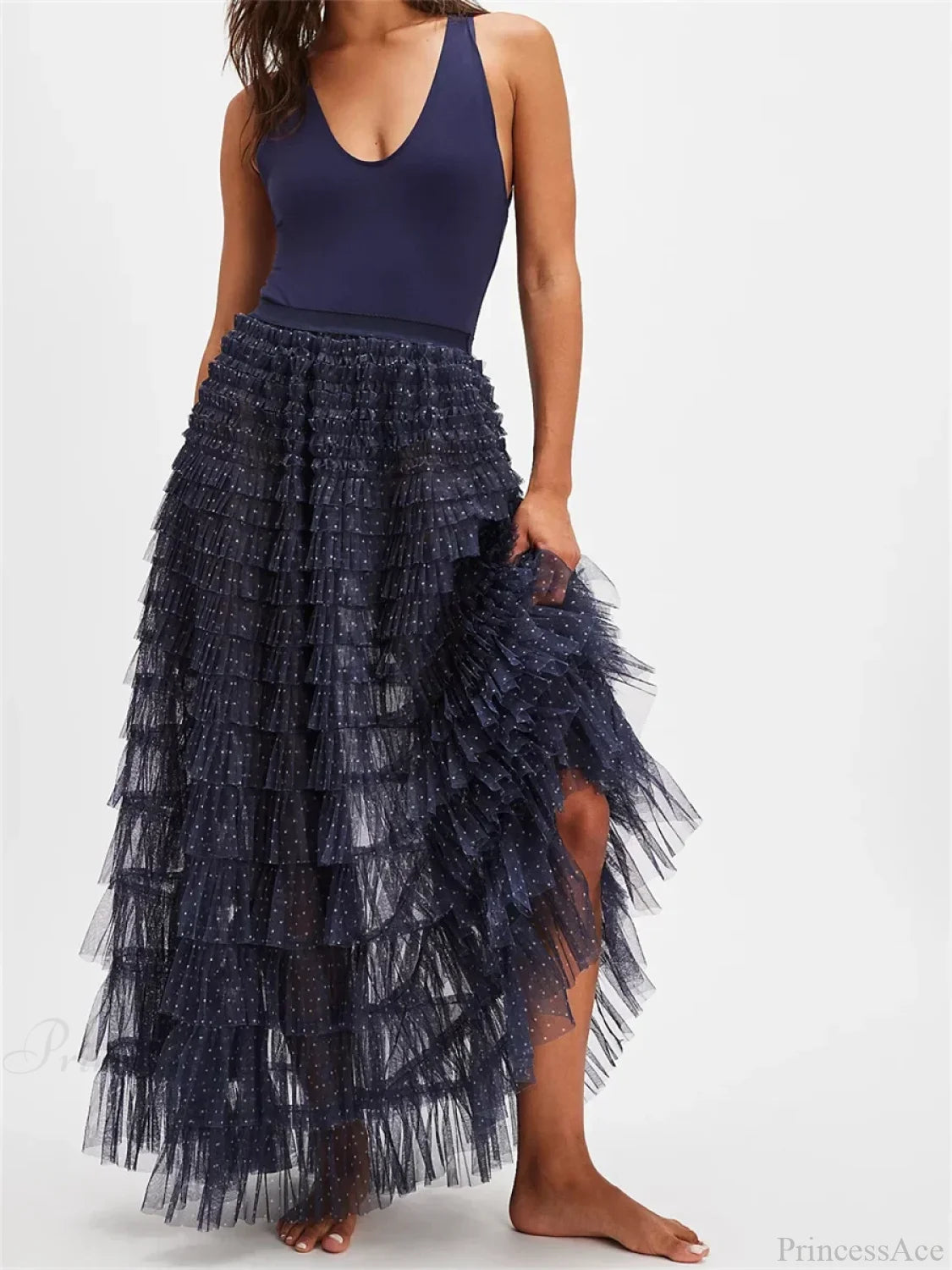 Y2K Fairycore Ruffle Maxi Slip Skirt Elastic Lace Tulle Tutu Lake Blue / S skirt-250126