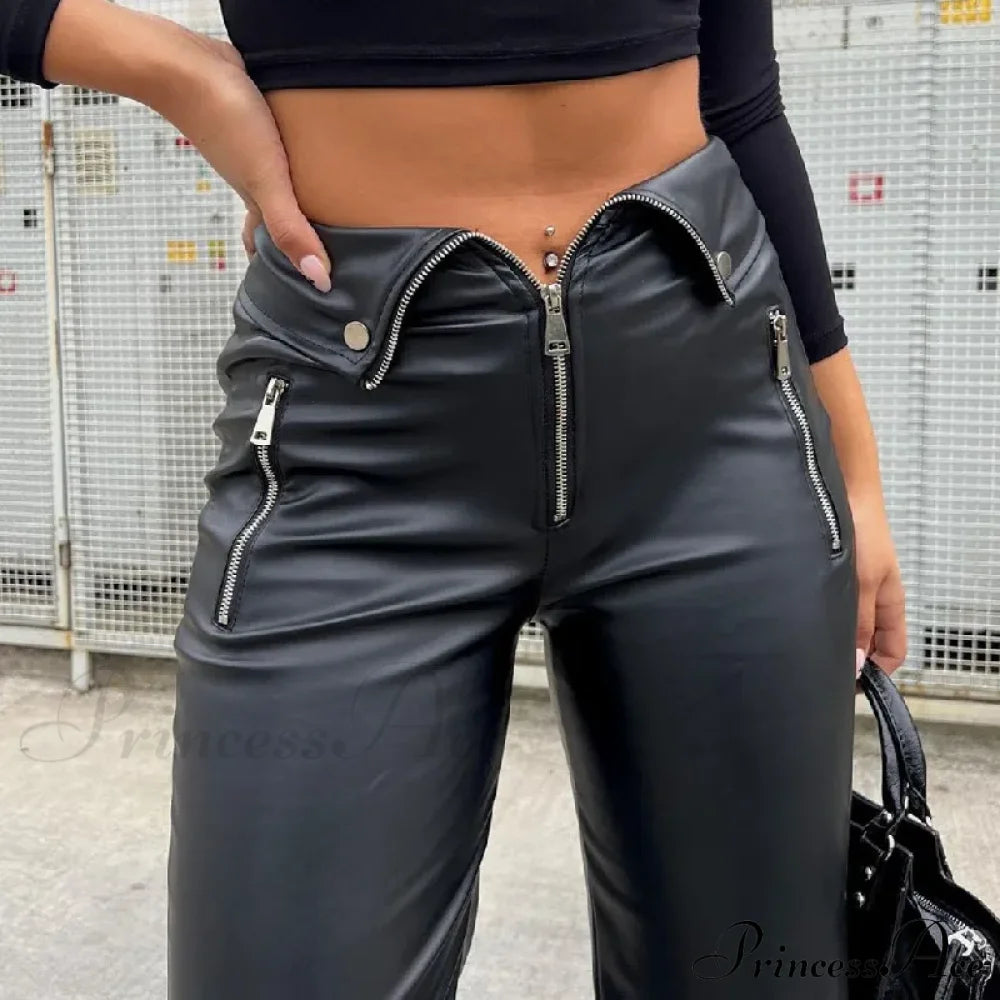 Y2K Fashion Leather High Waist Sexy Zipper Slim Streetwear Winter Pants