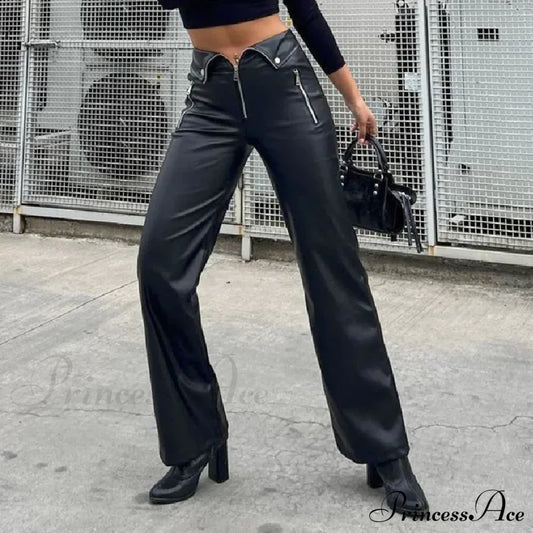 Y2K Fashion Leather High Waist Sexy Zipper Slim Streetwear Winter Pants