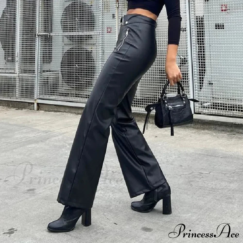 Y2K Fashion Leather High Waist Sexy Zipper Slim Streetwear Winter Pants