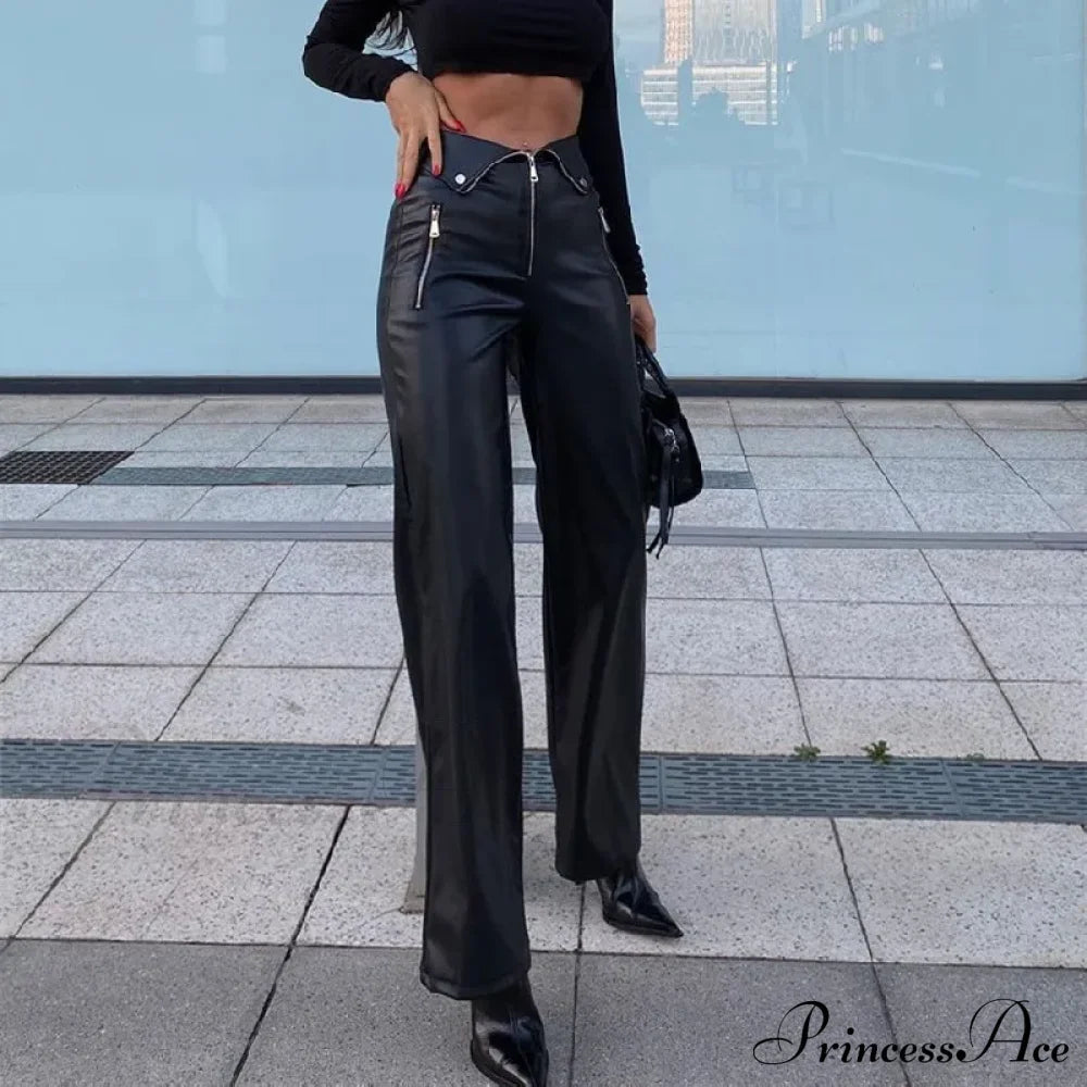 Y2K Fashion Leather High Waist Sexy Zipper Slim Streetwear Winter Pants