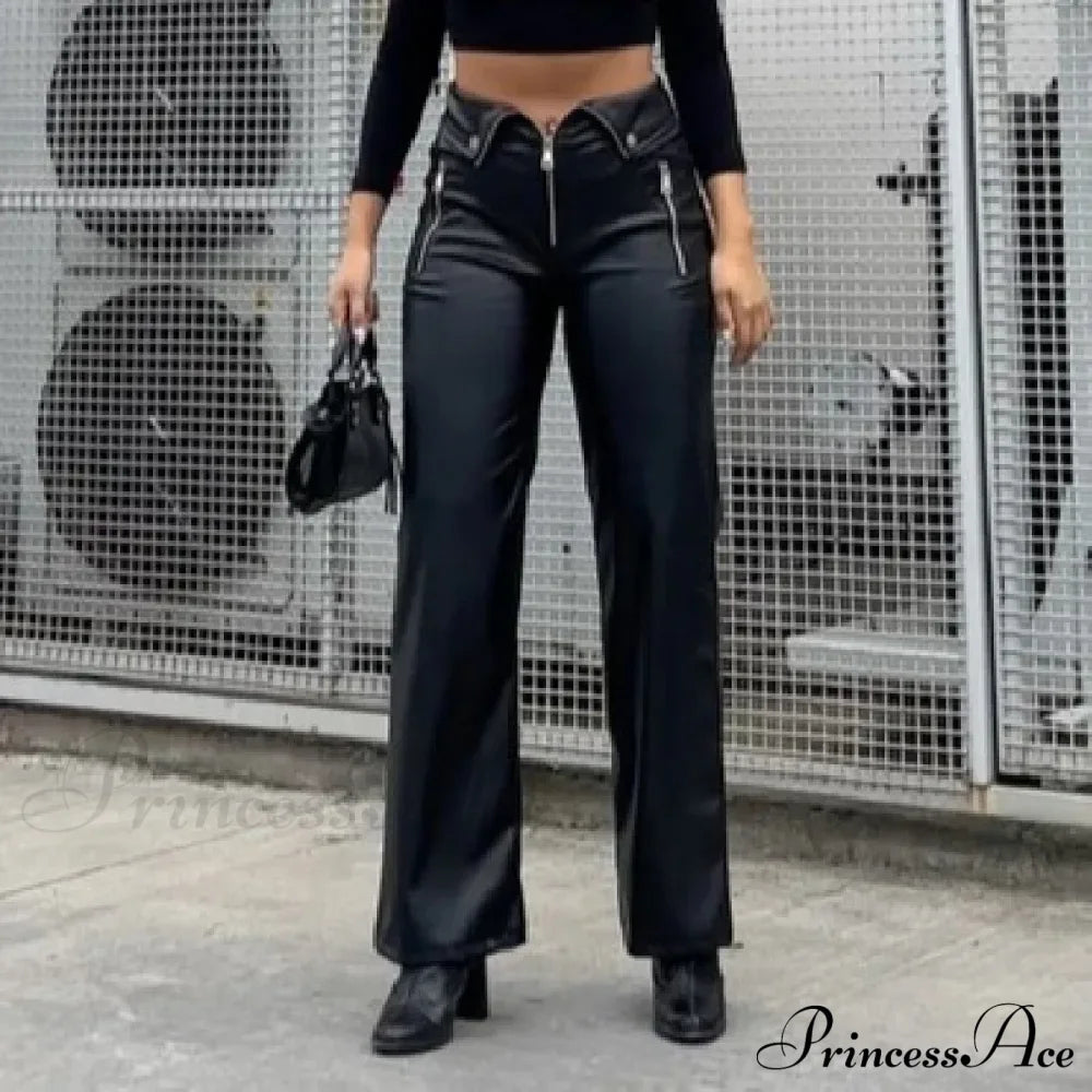 Y2K Fashion Leather High Waist Sexy Zipper Slim Streetwear Winter Pants Black / S