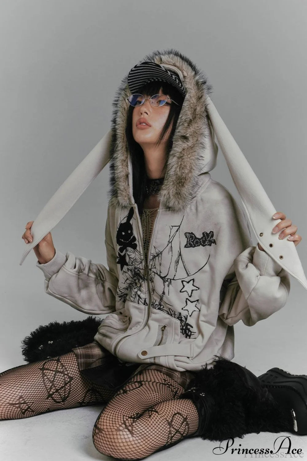 Y2K Fleece Collar Bunny Ear Print Hoodie