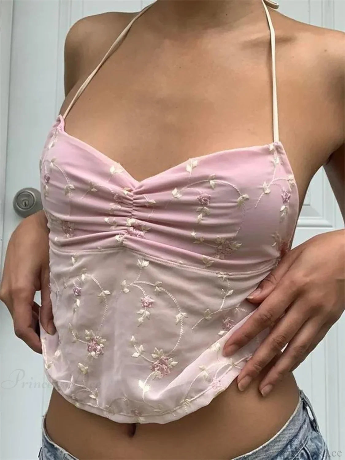 Y2K Floral Backless Tie-up Halter Crop Top Pink / S croptop-250126