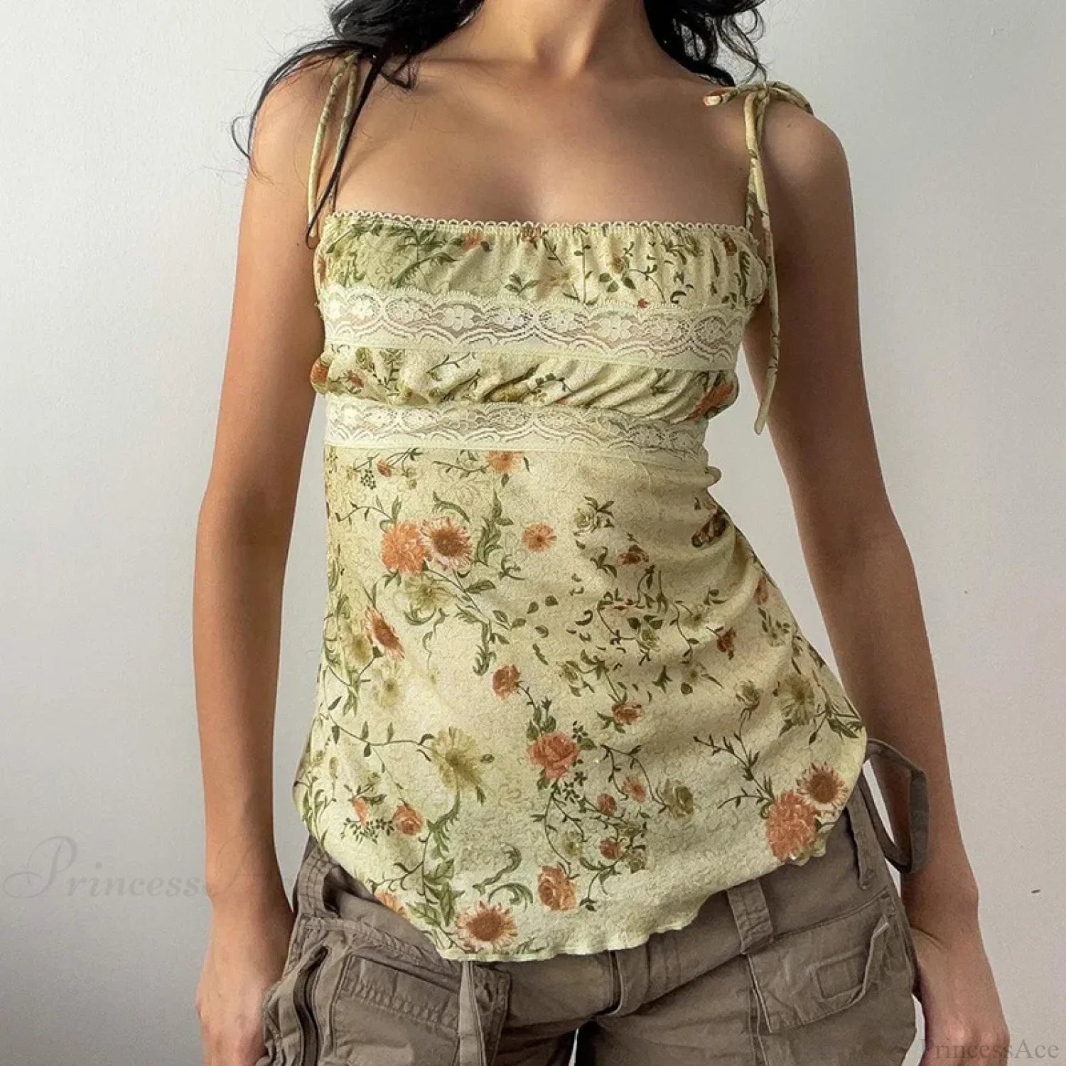 Y2K Floral Print Contrast Lace Patchwork Lace-up Coquette Grunge Crop Top Green / S croptop-250126