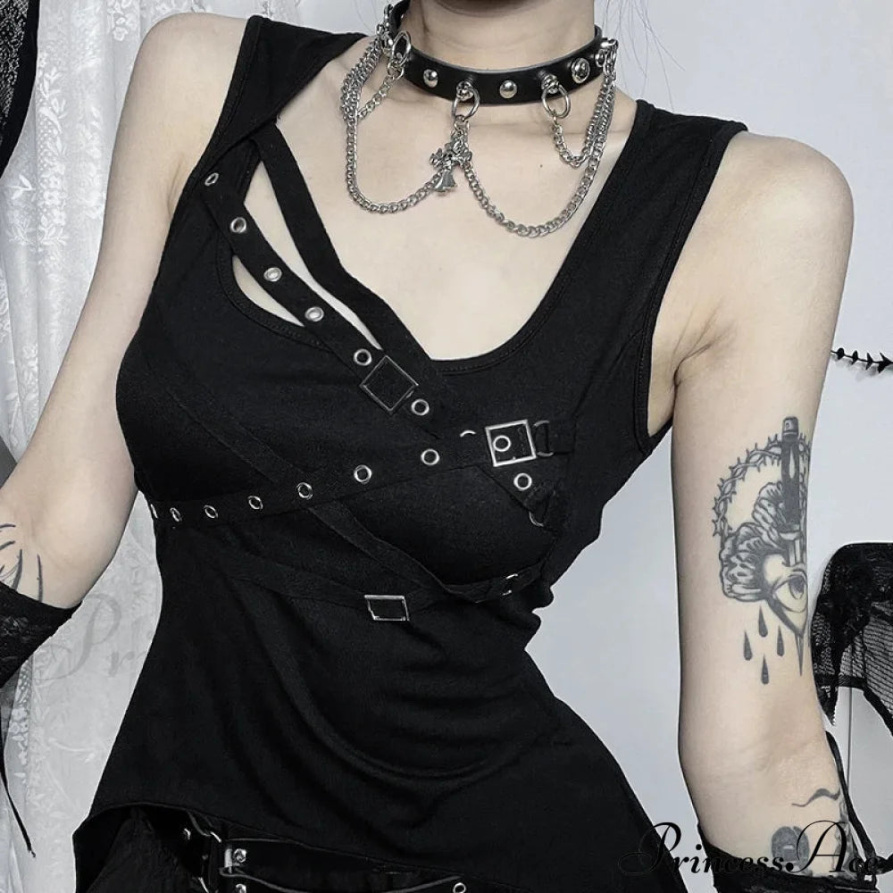 Y2K Goth Black Eyelet Irregular Sleeveless Slim Vintage Summer Crop Top Halloween