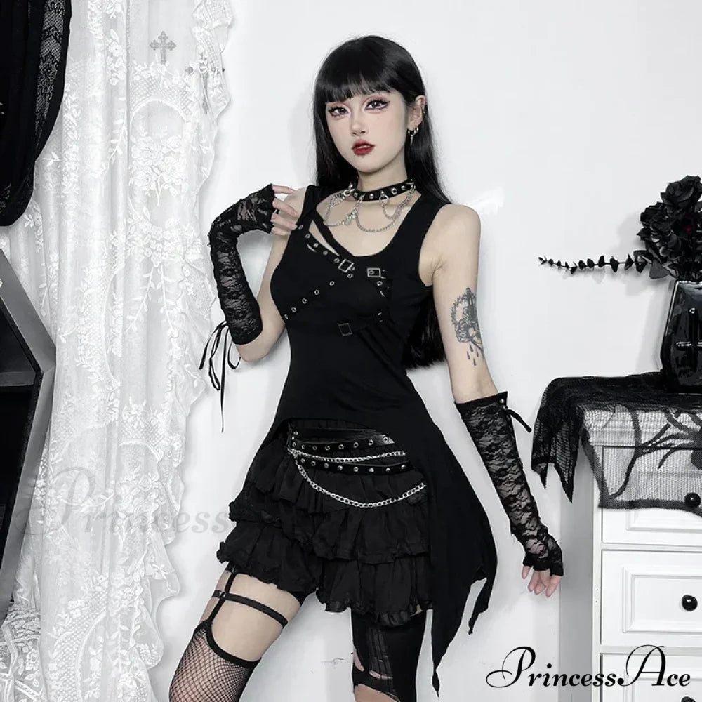 Y2K Goth Black Eyelet Irregular Sleeveless Slim Vintage Summer Crop Top Halloween