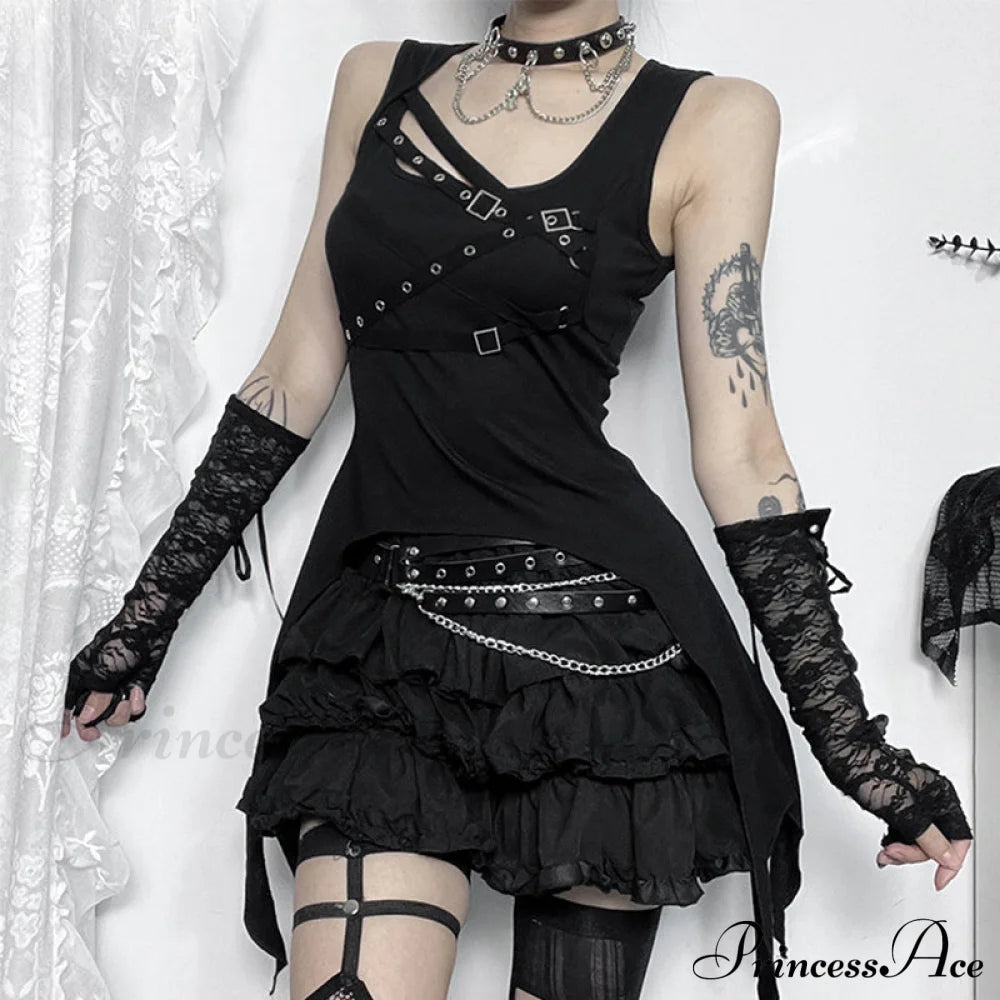 Y2K Goth Black Eyelet Irregular Sleeveless Slim Vintage Summer Crop Top / S Halloween