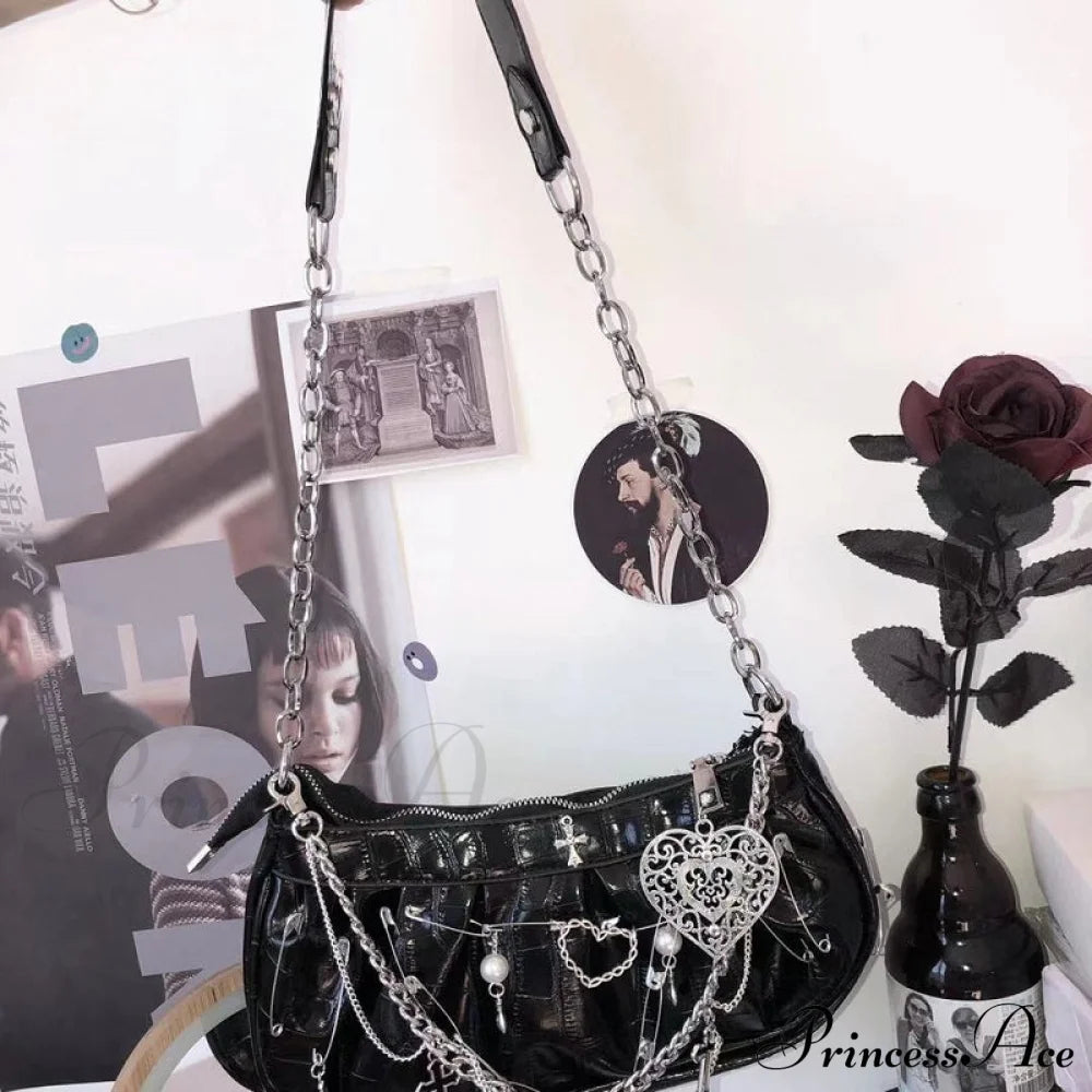 Y2K Gothic Harajuku Metal Punk Hip Hop Rock Underarm Tote Crossbody Shoulder Bag Black 2 Halloween