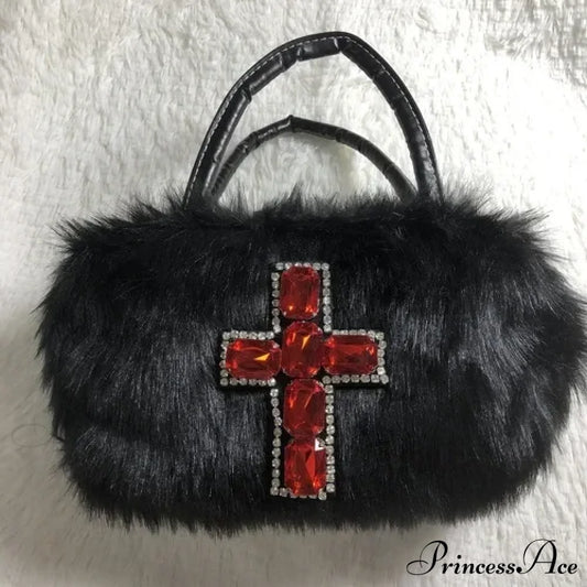 Y2K Gothic Soft Plush Black Cross Applique Harajuku Punk Hip Hop Shoulder Bag / 25X10X12Cm Halloween