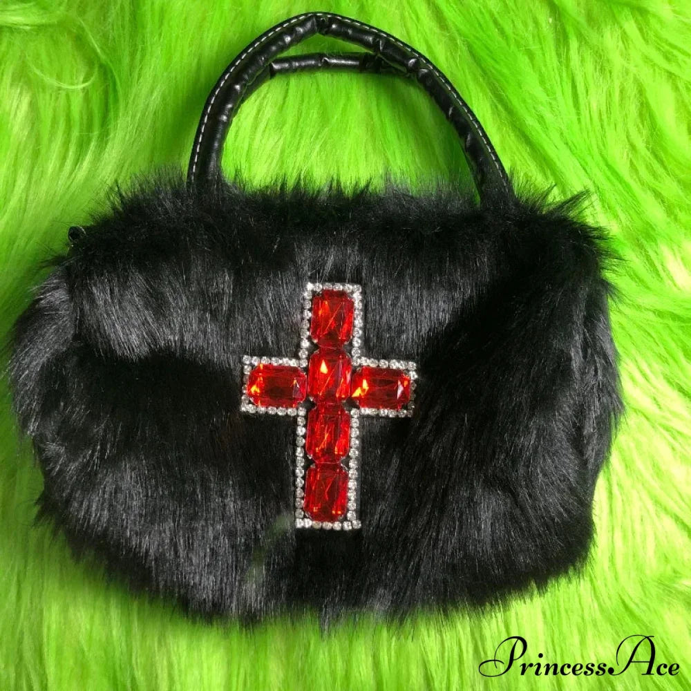 Y2K Gothic Soft Plush Black Cross Applique Harajuku Punk Hip Hop Shoulder Bag Halloween