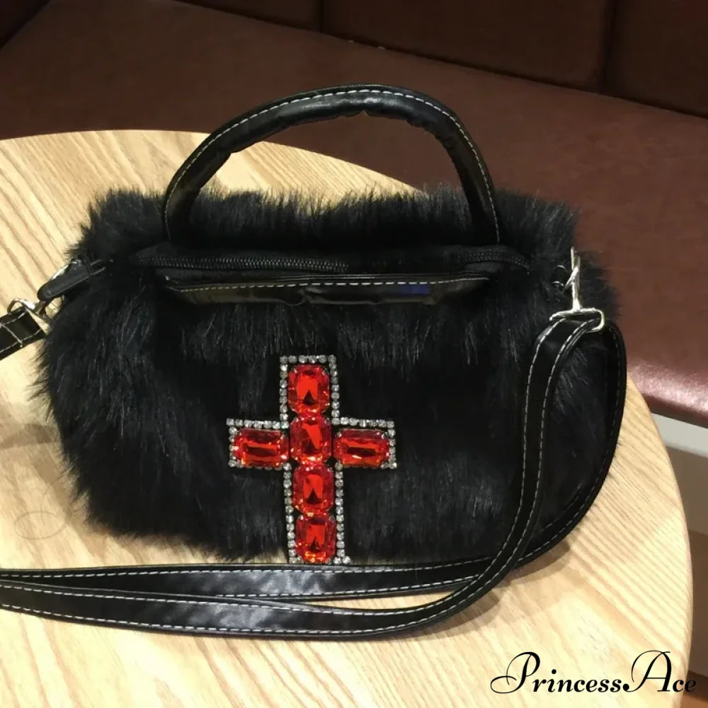 Y2K Gothic Soft Plush Black Cross Applique Harajuku Punk Hip Hop Shoulder Bag Halloween