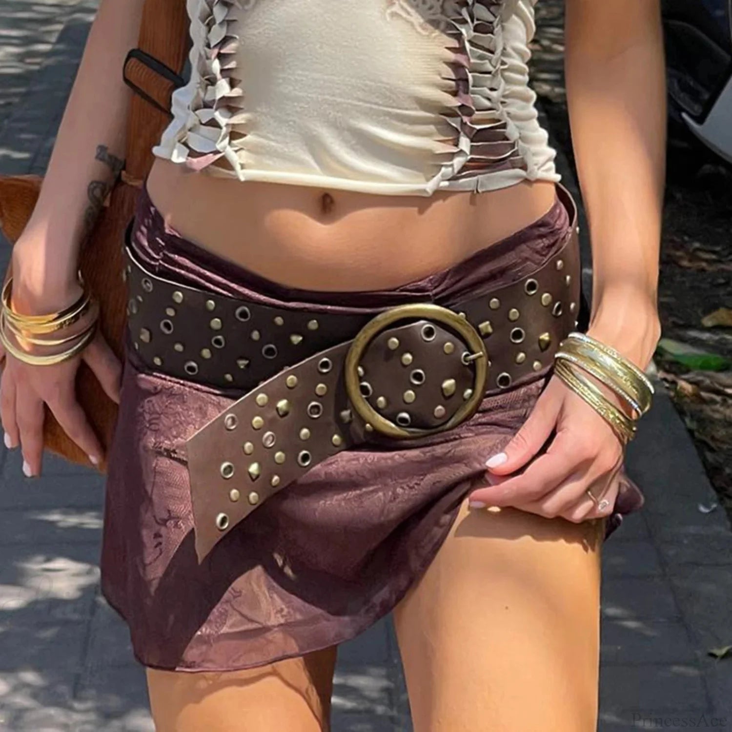 Y2K Gothic Vintage Riveted Pin Wide Cinch Belt brown