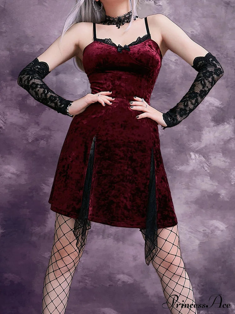 Y2K Gothic Vintage Sexy Mesh Velvet Mini Grunge Aesthetic Dark High Waist Slit Partywear Emo Lolita