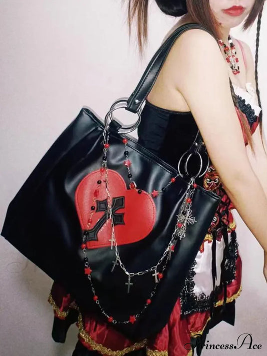 Y2K Grunge Gothic Cross Pu Leather Large Capacity Vintage Tote Bag Black (Red Cross) Halloween