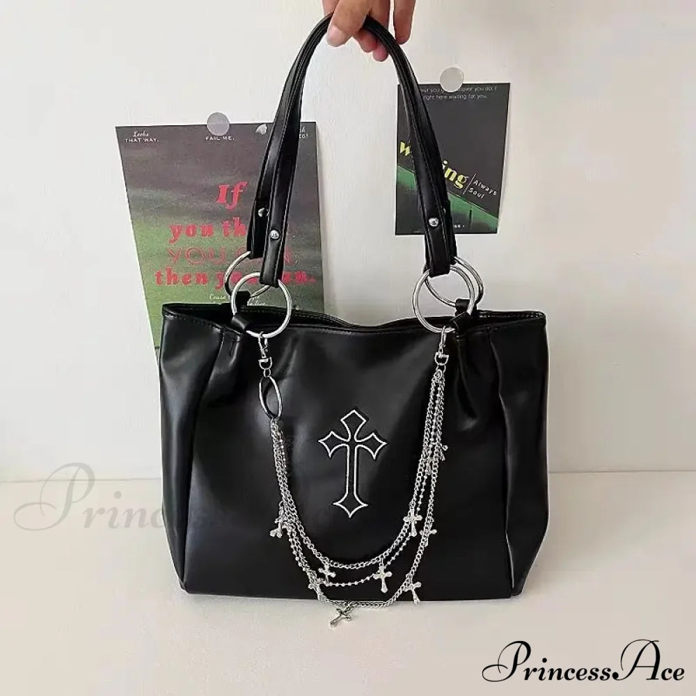 Y2K Grunge Gothic Cross Pu Leather Large Capacity Vintage Tote Bag Black (White Cross) Halloween