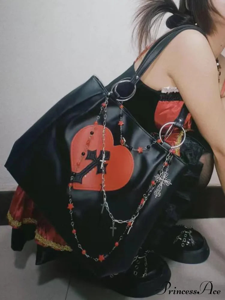 Y2K Grunge Gothic Cross Pu Leather Large Capacity Vintage Tote Bag Halloween