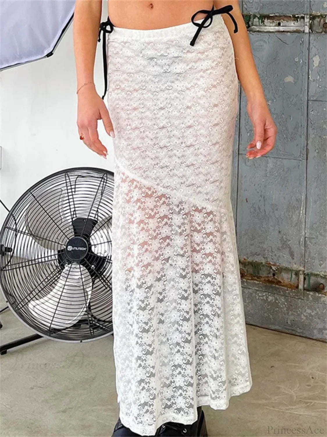 Y2K Grunge Lace Mesh See Through Bow Tie Long Skirt skirt-250126