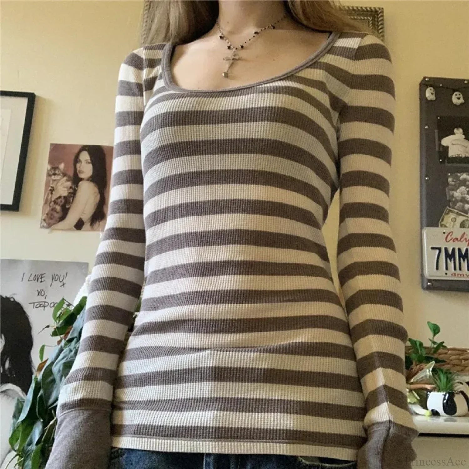 Y2K Grunge Striped Crew Neck Fall Slim Fit Knit Top knittop-250126