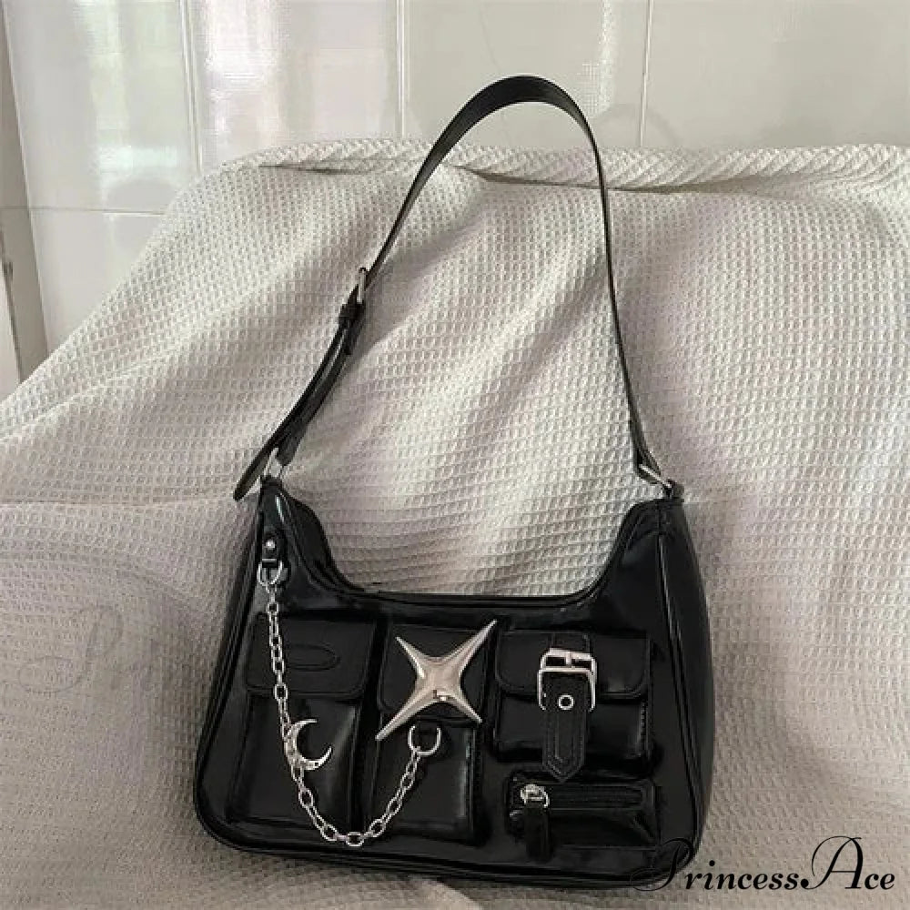 Y2K Harajuku Fashion Gothic Black Chains Casual Motorcycle Shoulder Bag / 25X13X7Cm Halloween