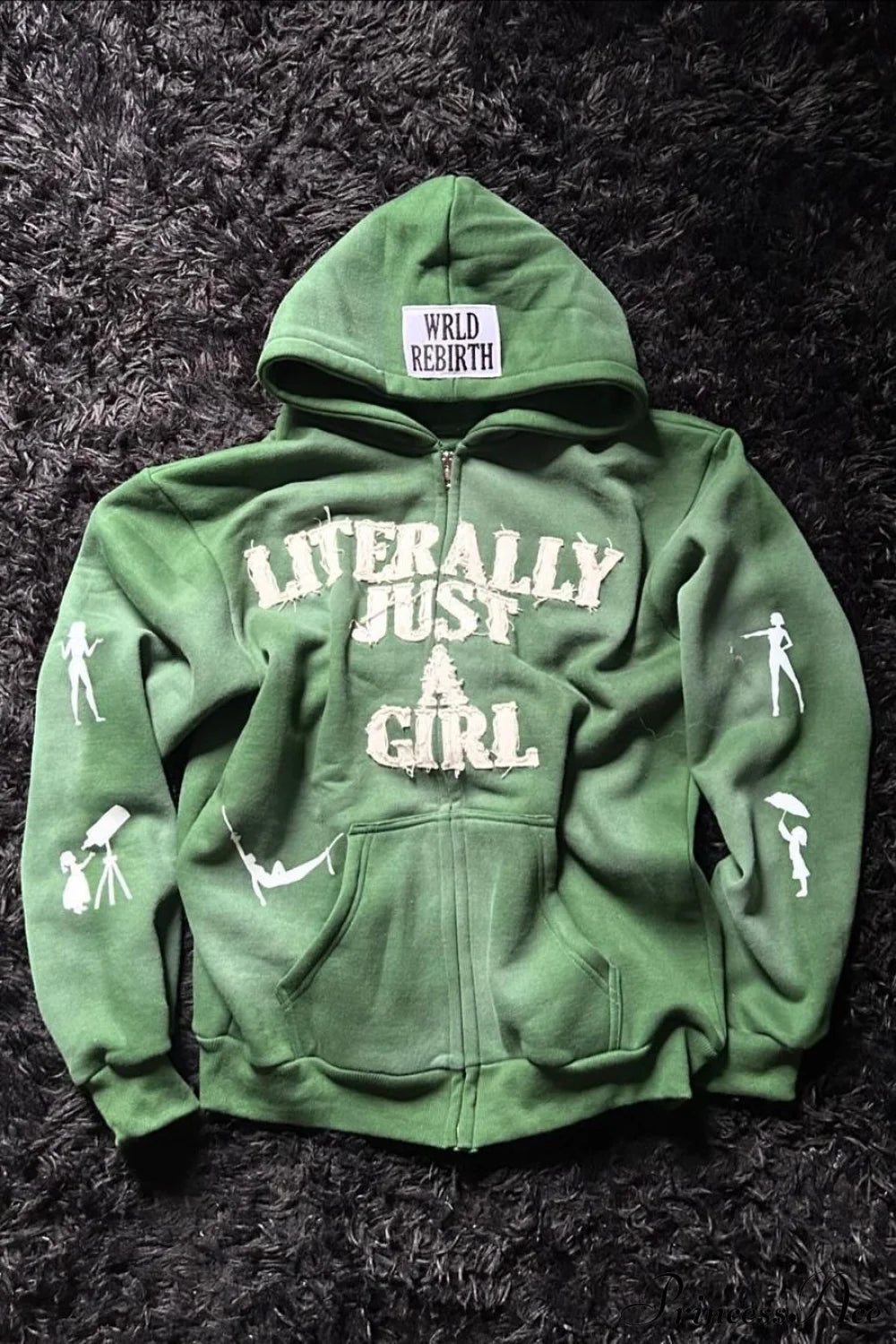 Y2K Hip-Hop 3D Letter Print Loose Zip Hoodie Green / XS
