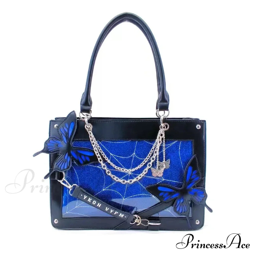 Y2K Labyrinth Butterfly Spider Web Letter Chain Transparent Gothic Bag Black Blue / 35X25X10.5Cm