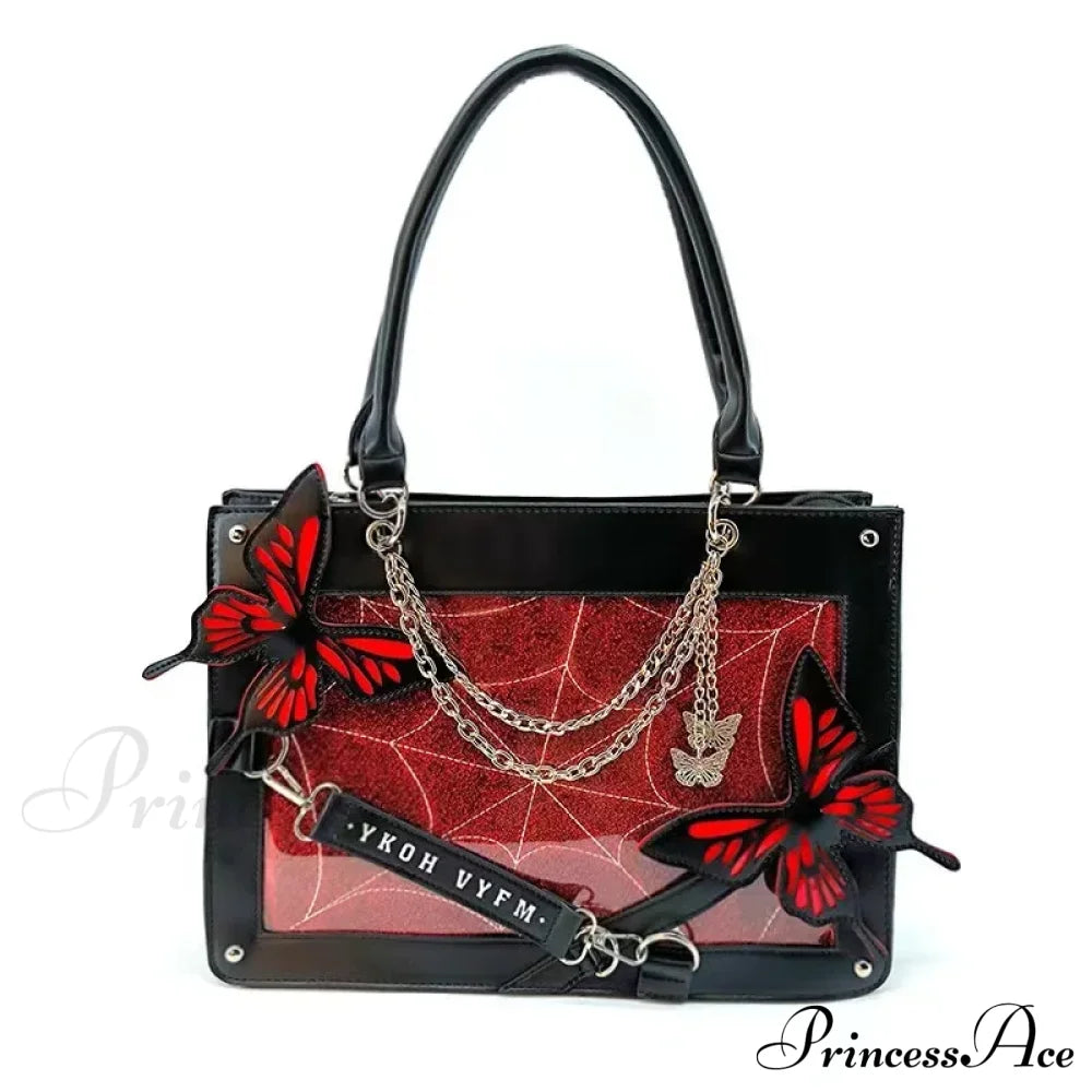 Y2K Labyrinth Butterfly Spider Web Letter Chain Transparent Gothic Bag Black Red / 35X25X10.5Cm