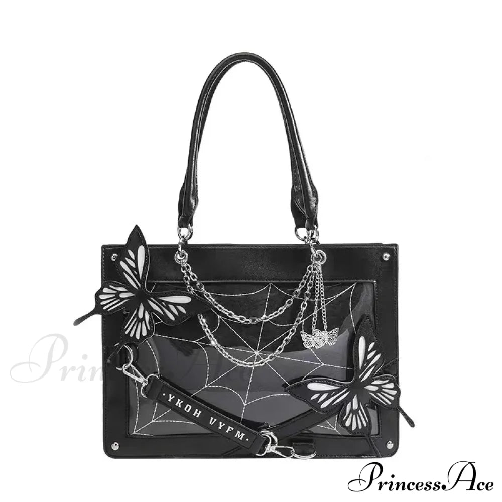 Y2K Labyrinth Butterfly Spider Web Letter Chain Transparent Gothic Bag Black White / 35X25X10.5Cm