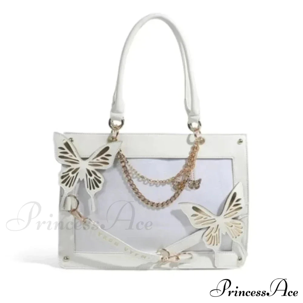 Y2K Labyrinth Butterfly Spider Web Letter Chain Transparent Gothic Bag White Gold / 35X25X10.5Cm