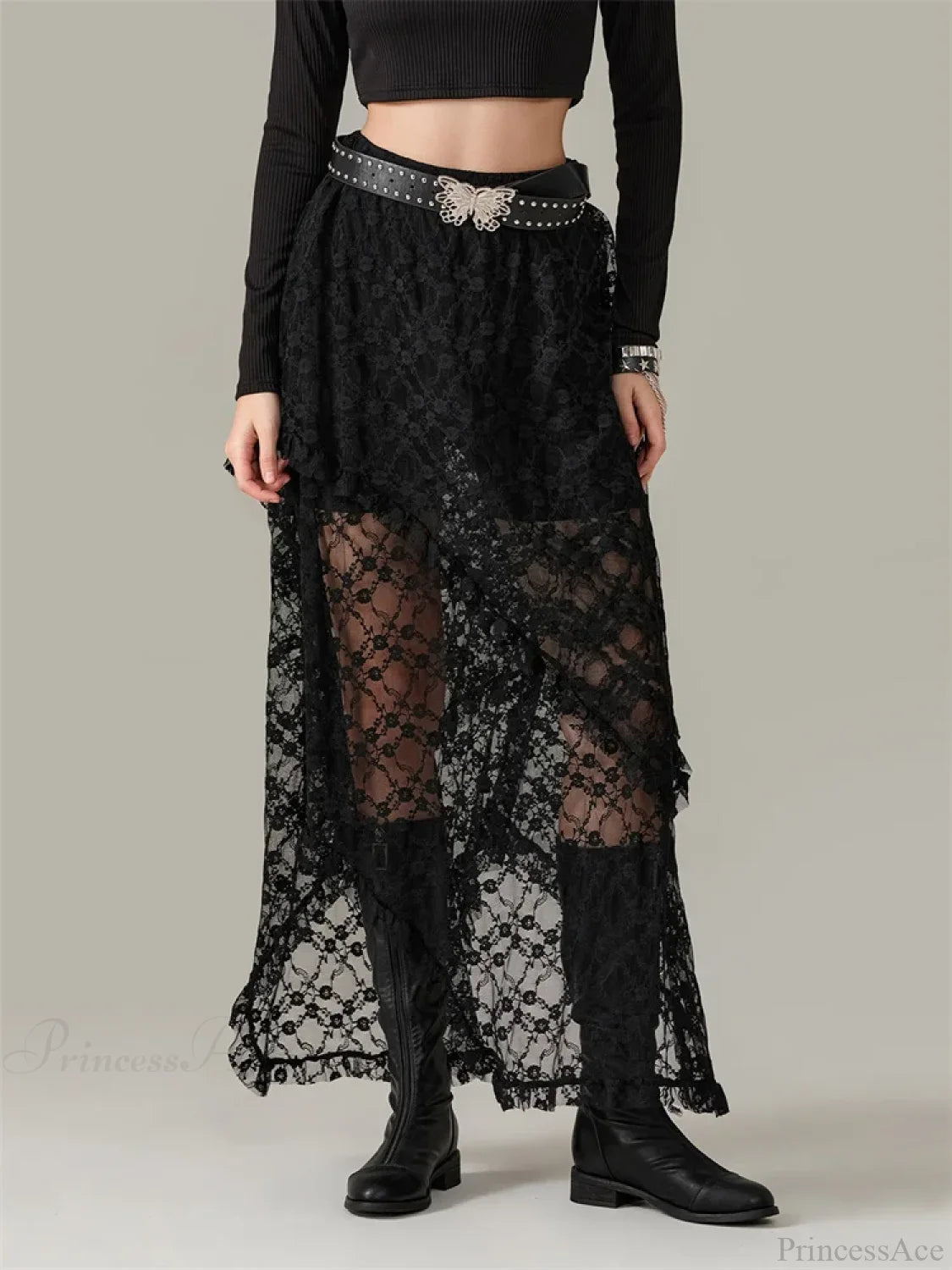 Y2K Lace Mesh See Through High Waist Asymmetrical Skirt BLACK / S skirt-250126
