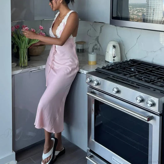 Y2K Lace Trim Long Vacation Dress vacationdress-250223