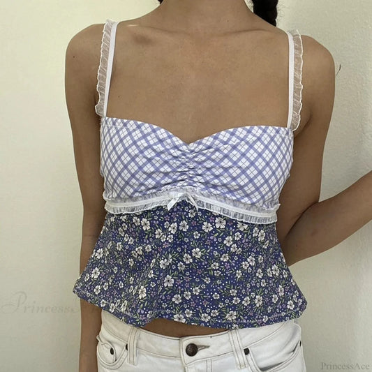 Y2K Lace Trim Plaid Floral Sleeveless Crop Top croptop-250126