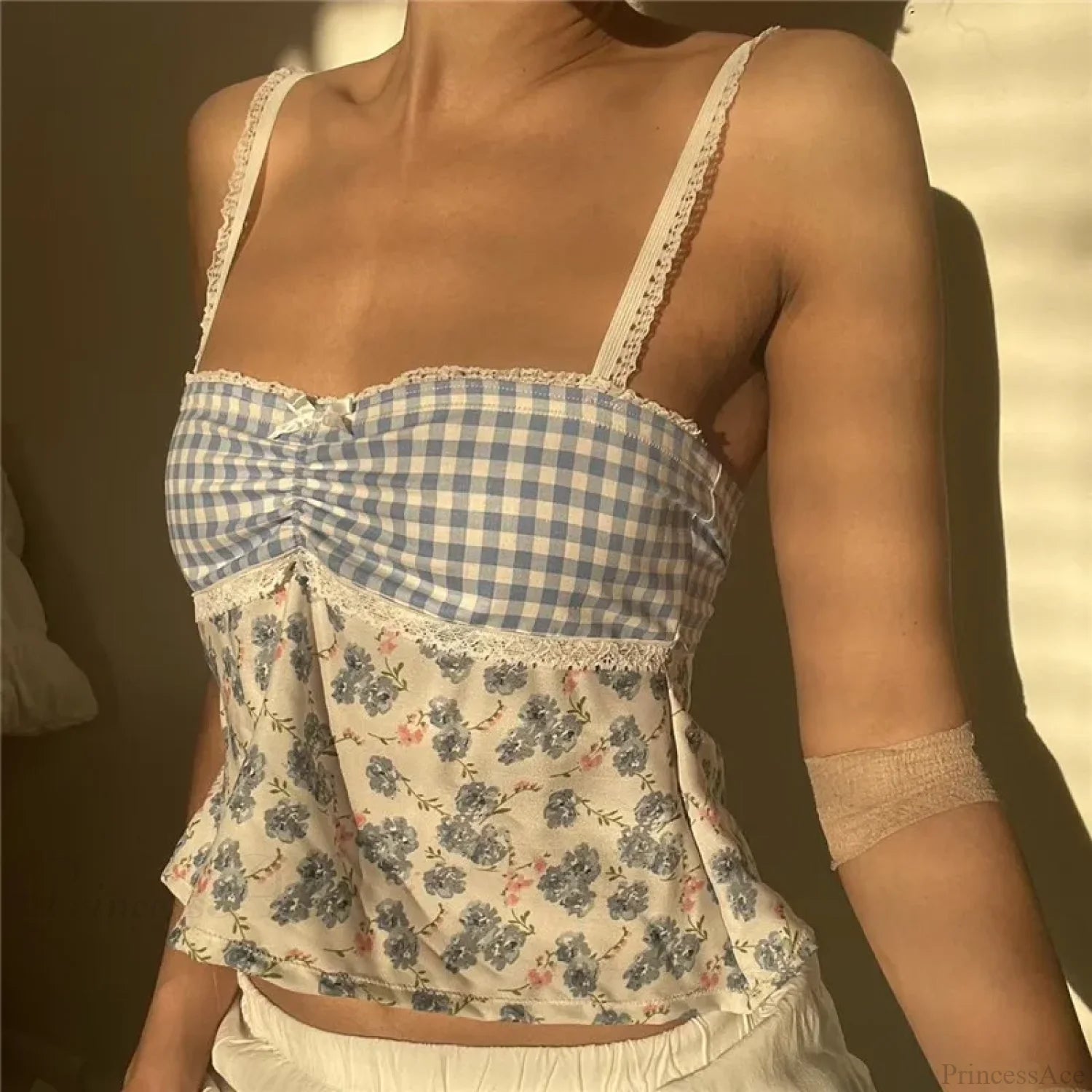 Y2K Lace Trim Plaid Floral Sleeveless Crop Top white / S croptop-250126