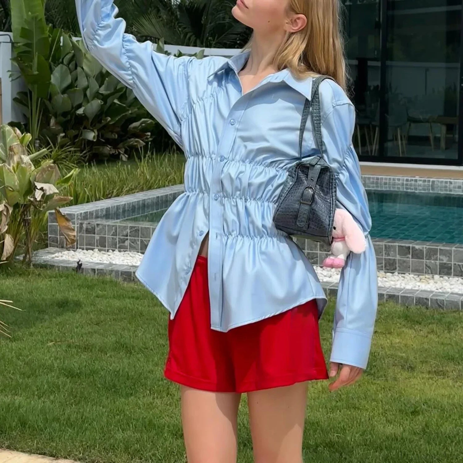 Y2K Long Sleeve Scrunched Blouse blue / S blouse-250223