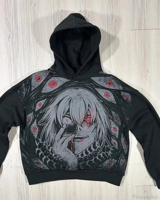 Y2K Mysterious Cartoon Zipper Hoodie black / M