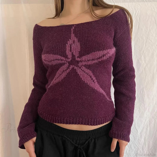 Y2K Off Shoulder Bow Graphic Pullover Knit Top RED / S knittop-250126