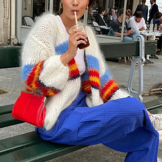 Y2K Open Front Loose Stripe Cardigan white / S