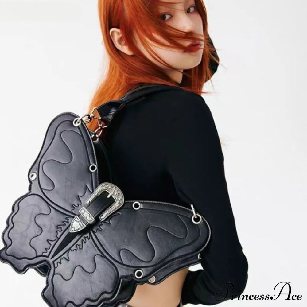 Y2K Punk Butterfly Pu Leather Gothic Versatile Large Capacity Trend Bag Black Halloween