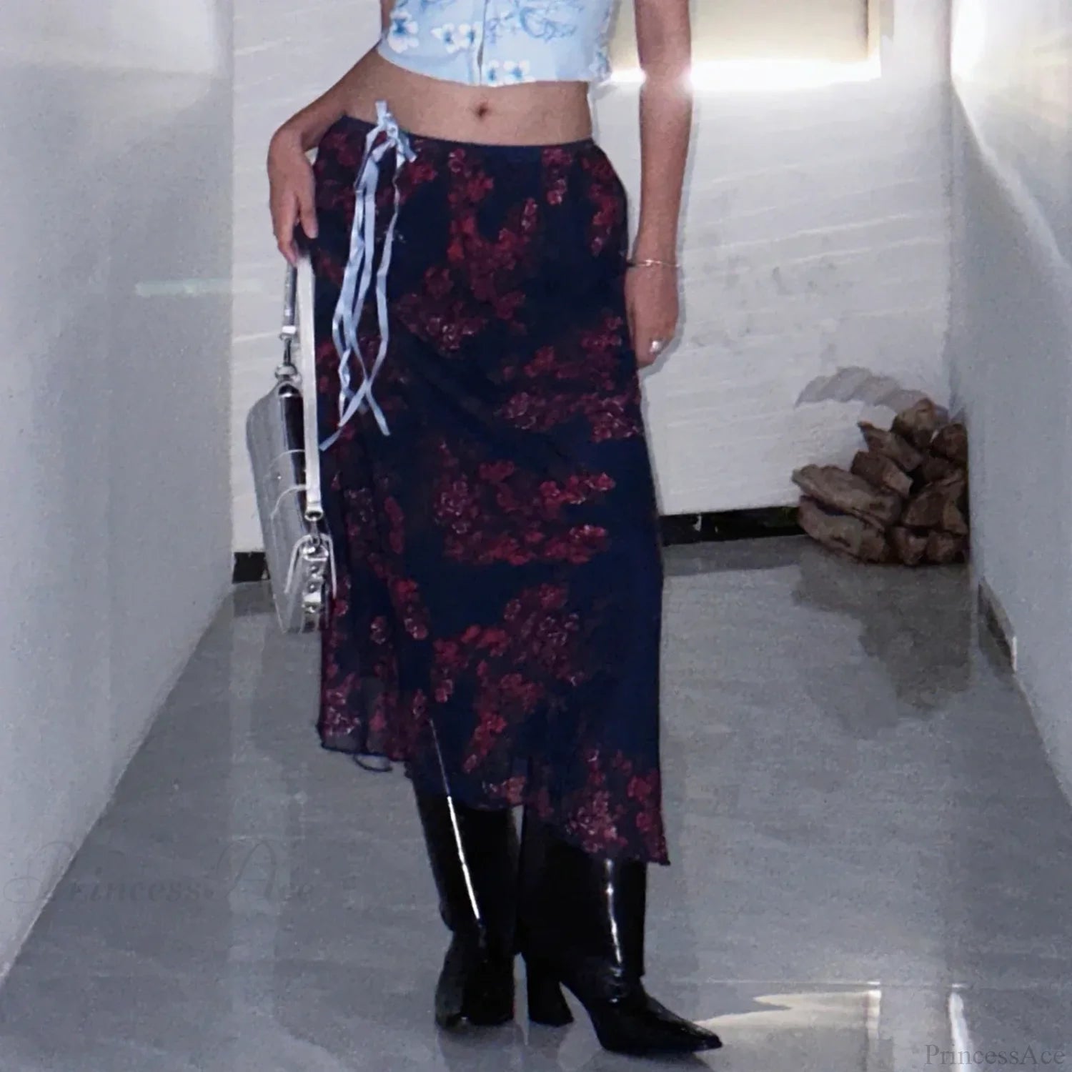 Y2K Retro Floral Printed High Waist Ruffled Women’s Long Skirt skirt-250126