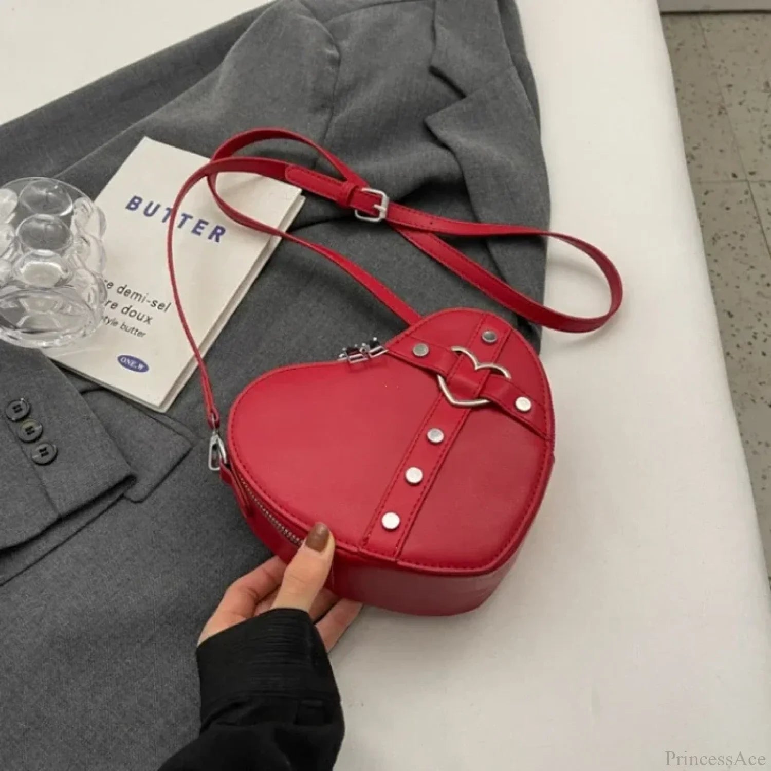 Y2K Rivet Heart-Shaped Crossbody Bag WineRed crossbody-250126