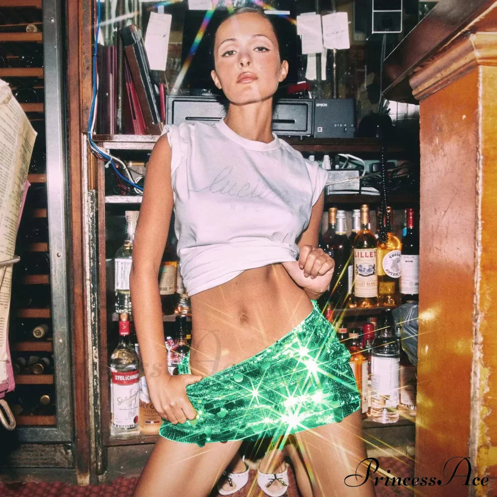 Y2K Sequins Pencil Mini Shiny Club Skirt Green / S