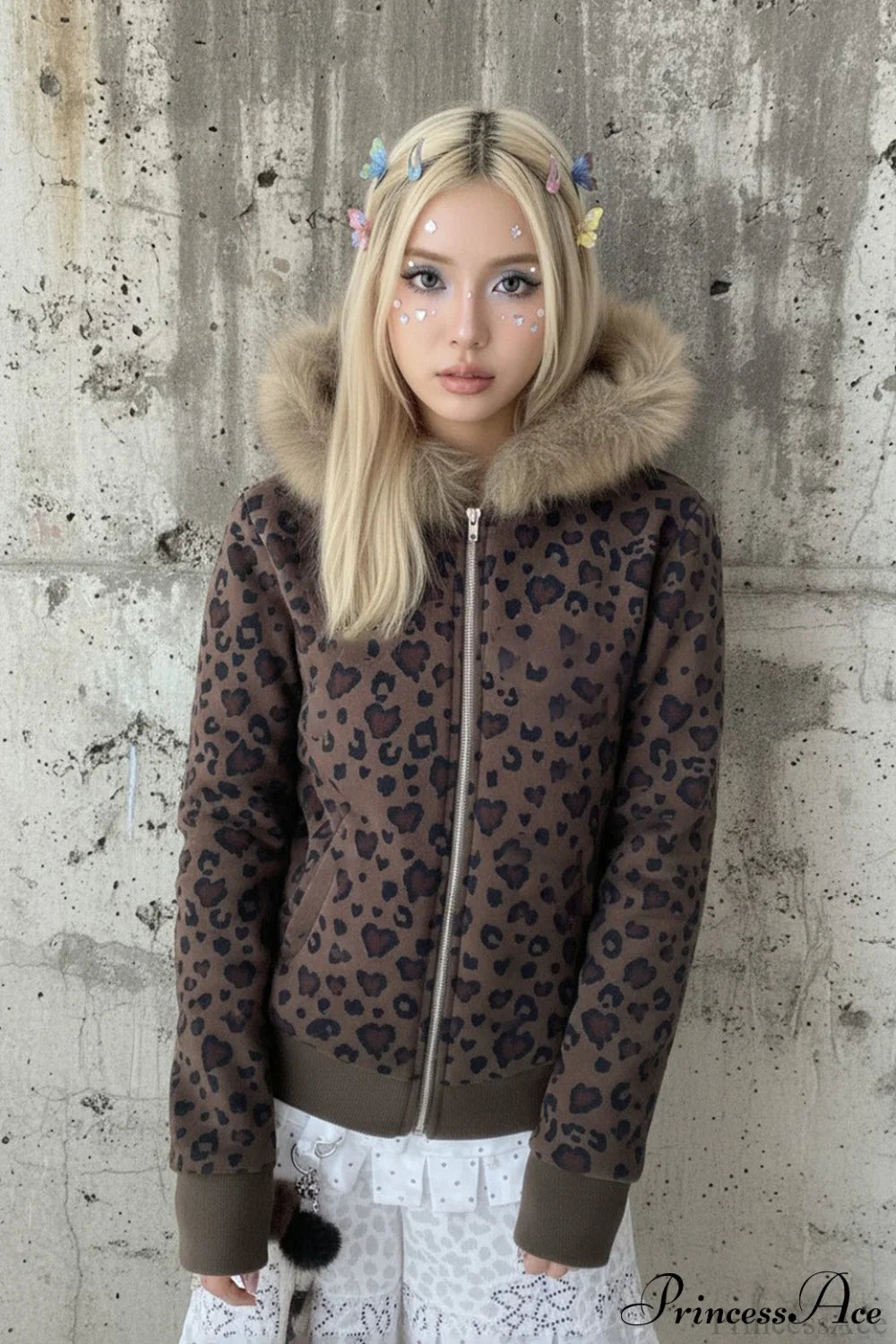 Y2K Sexy Leopard Print Fleece Zipper Hoodie