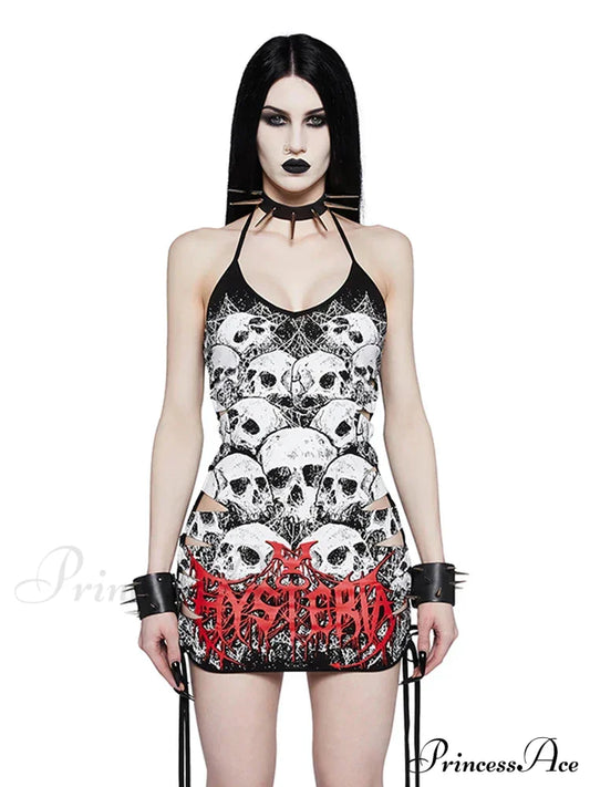 Y2K Skull Print Plus Size Punk Hollow Out Sleeveless Strap Drawstring Sling Party Cami Dress Black