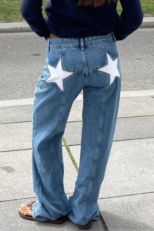 Y2K Star Color-Block Patchwork Jeans Light blue / S